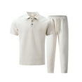 thumbnail image 4 of VBTAPA Men's 2 Piece Summer Outfits Short Sleeve Csual Track Suits Textured Polo Shirts and Drawstring Pants Set with Pockets Khaki XL, 4 of 6