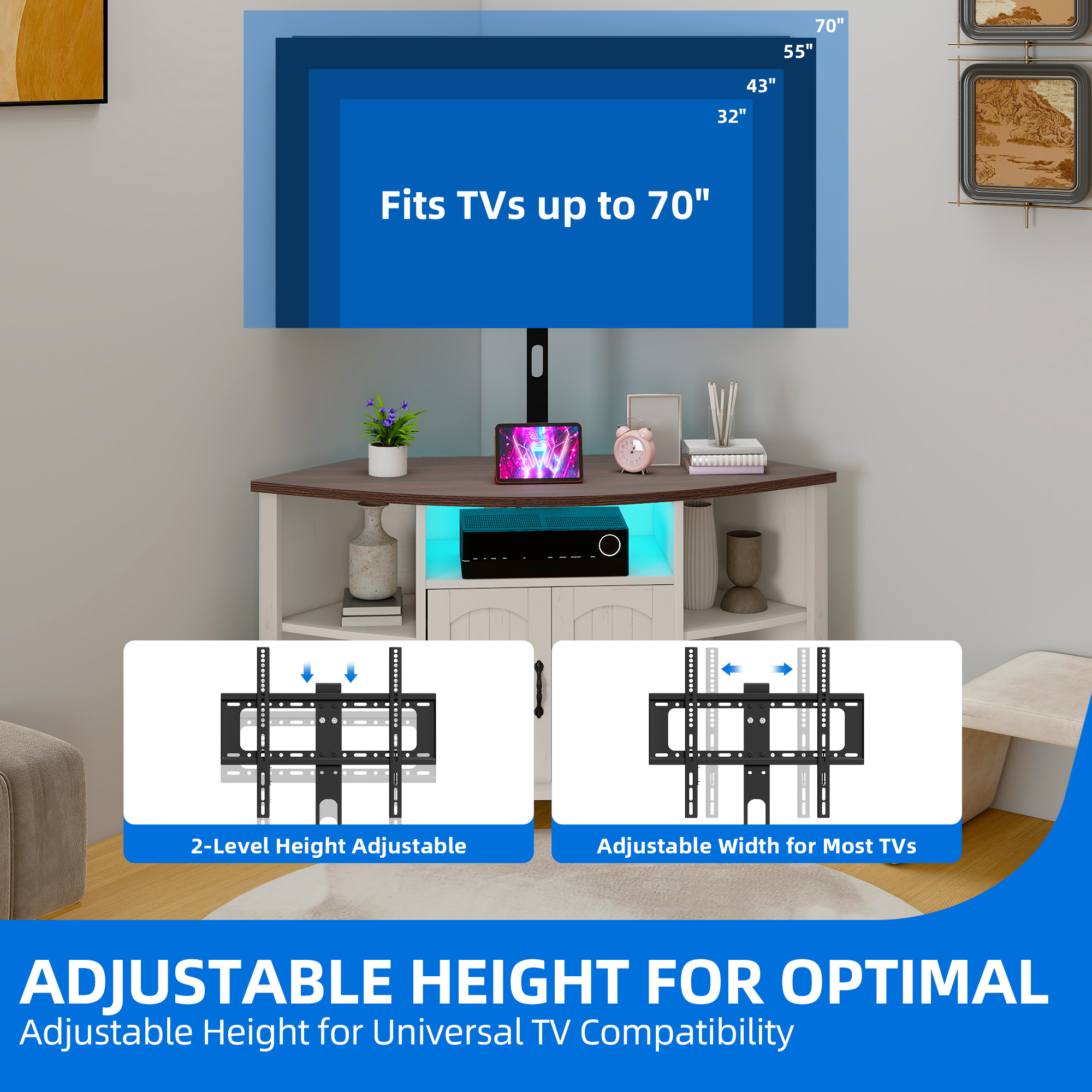 Dextrus Corner TV Stand with Mount for 32-70 Inch TVs, LED Entertainment Center TV Table with Power Outlets
