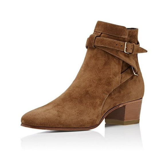 YDN Women Block Low Heel Suede Cowgirl Boots Pull on Ankle Bootie with Buckle Strap Shoes Size 7 Tan