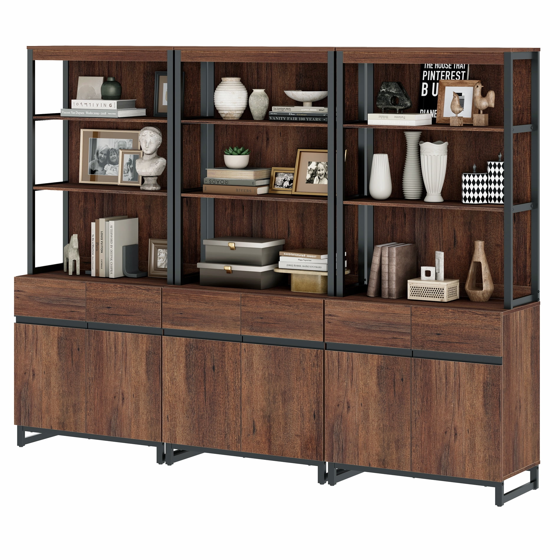 WAMPAT 3-Piece Modern 72" Tall Bookcases, Wood Bookshelves with Metal Base, Adjustable Shelves, Storage Cabinet & Open Shelving,Library Shelf for Home Office & Living Room
