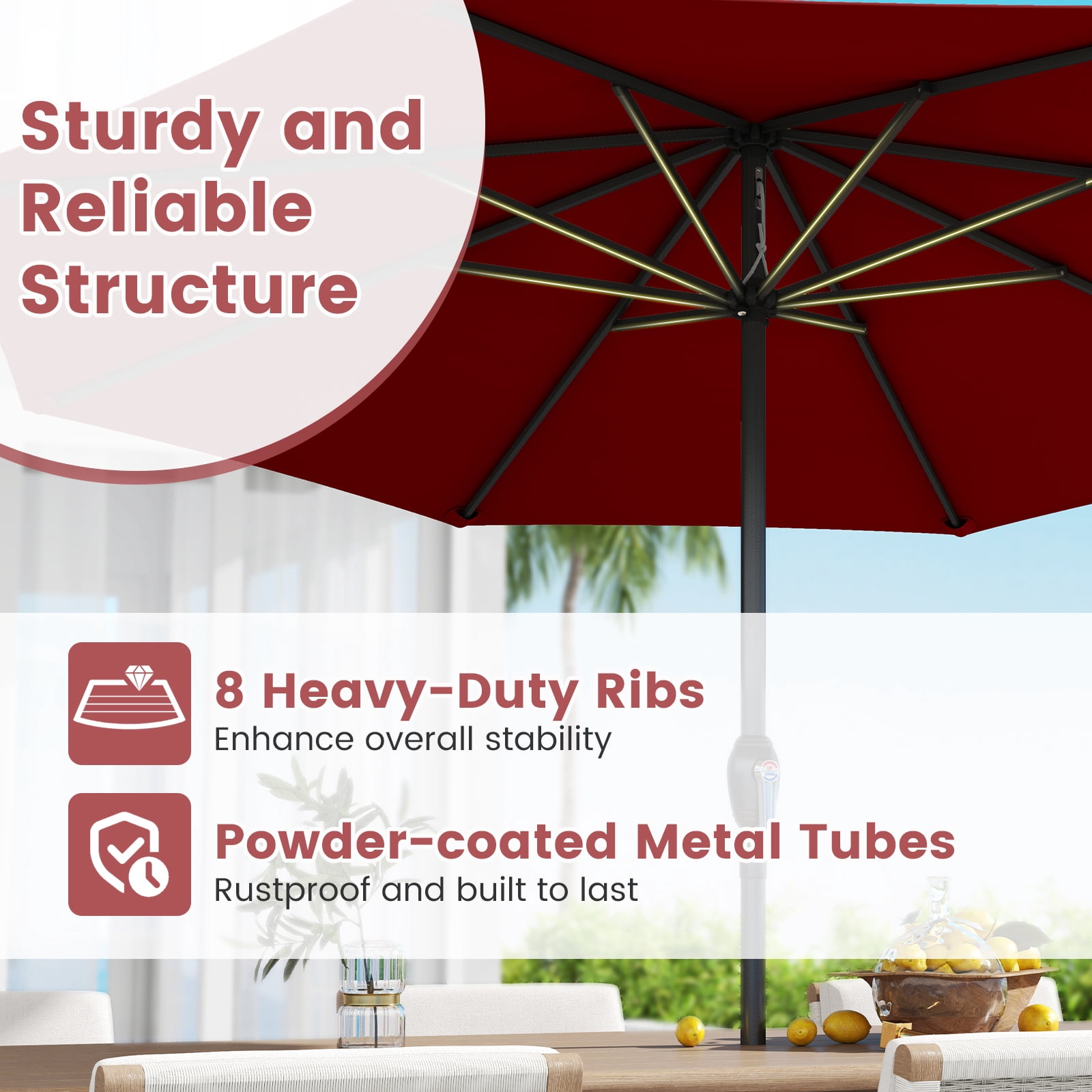 Topbuy 8.5 FT Patio Umbrella Outdoor Table Umbrella w/ Crank Handle 8 Ribs Wine