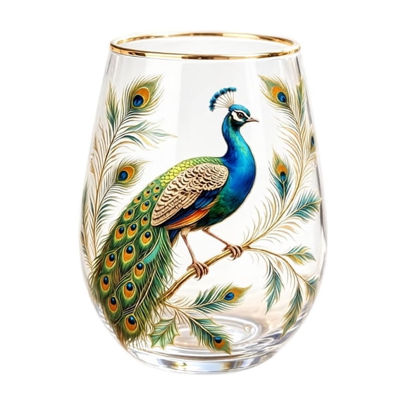 Glass Tumbler Elegant Drinkware with Peacock Feather Artwork Gold Rim Glass Hostess Gift Housewarming Gift for Home Bar Use