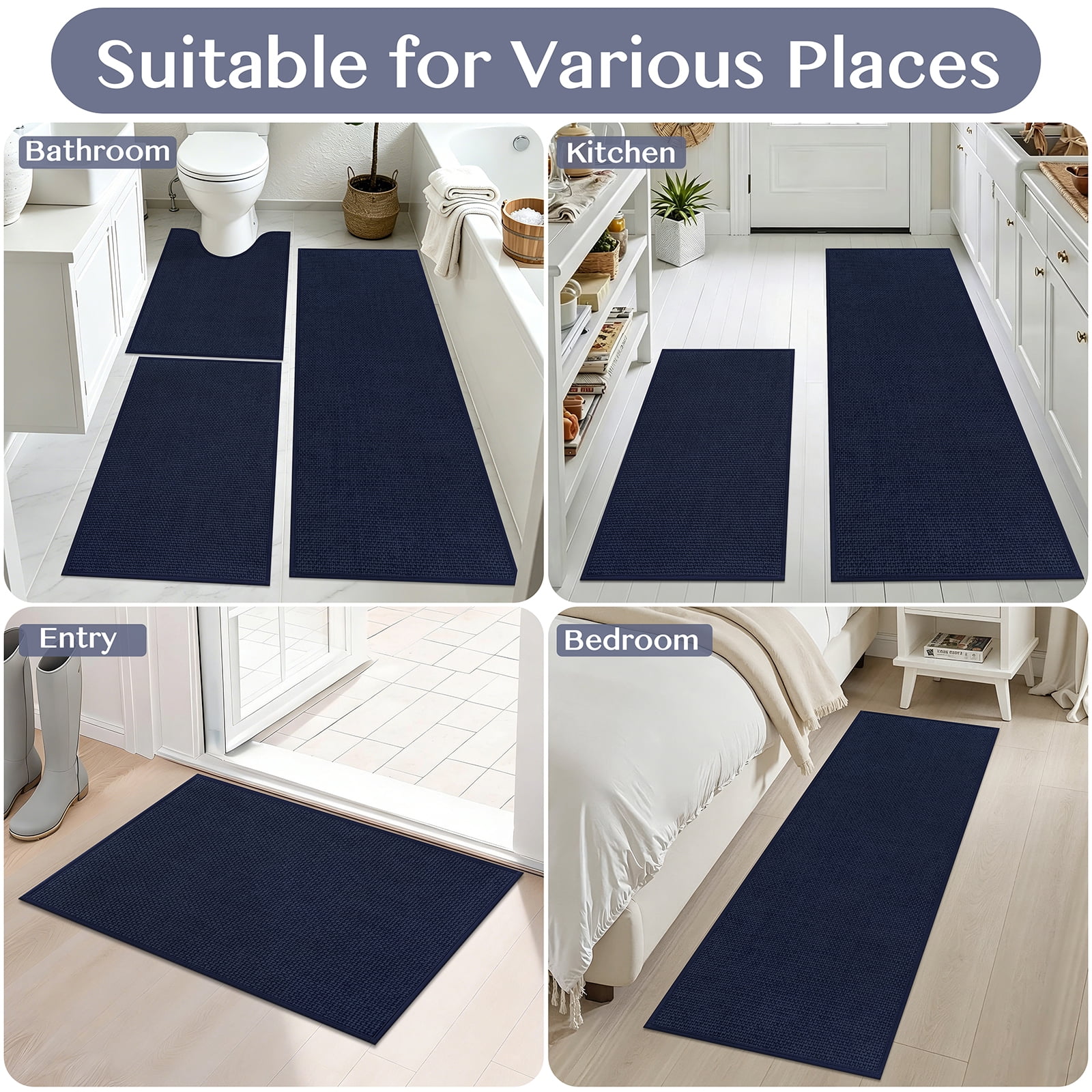 Ileading 3pcs Bathroom Rugs Set with U-Shaped Mat, Non Slip, Soft, Absorbent Bath Mats for Tub, Shower, Toilet 18"x26"+18"x48"+U Shape 20"x24" Blue