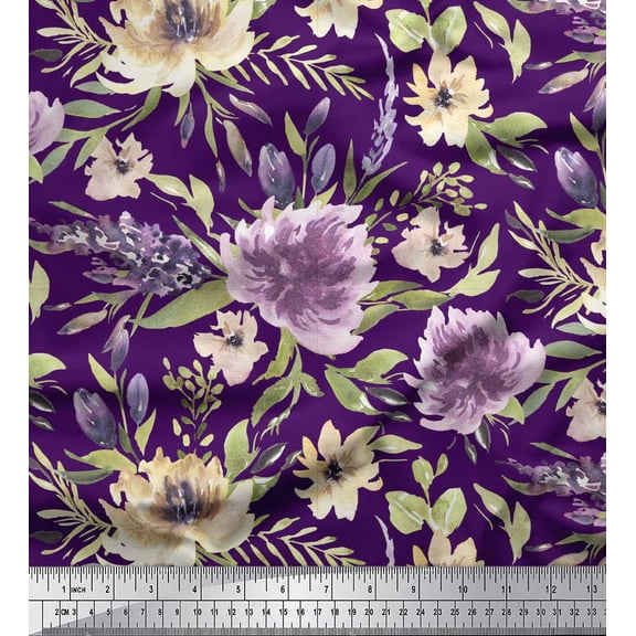 Soimoi Purple Cotton Duck Fabric Leaves & Peony Floral Printed Craft Fabric by the Yard 42 Inch Wide
