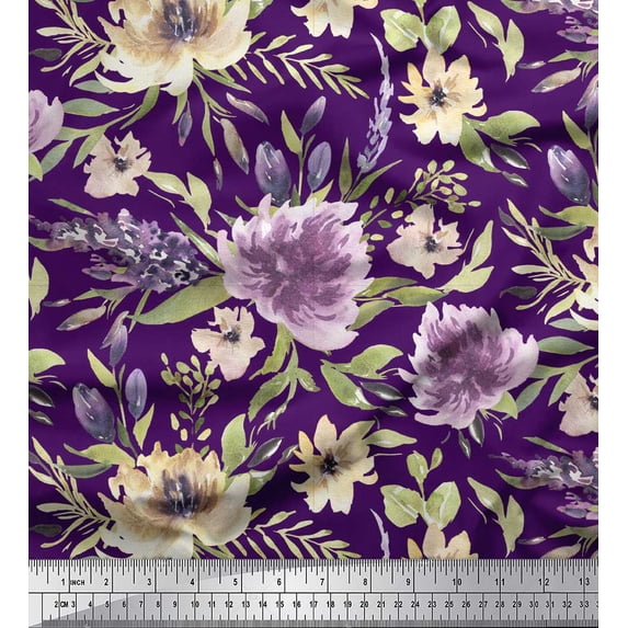 Soimoi Purple Cotton Duck Fabric Leaves & Peony Floral Decor Fabric Printed Yard 56 Inch Wide