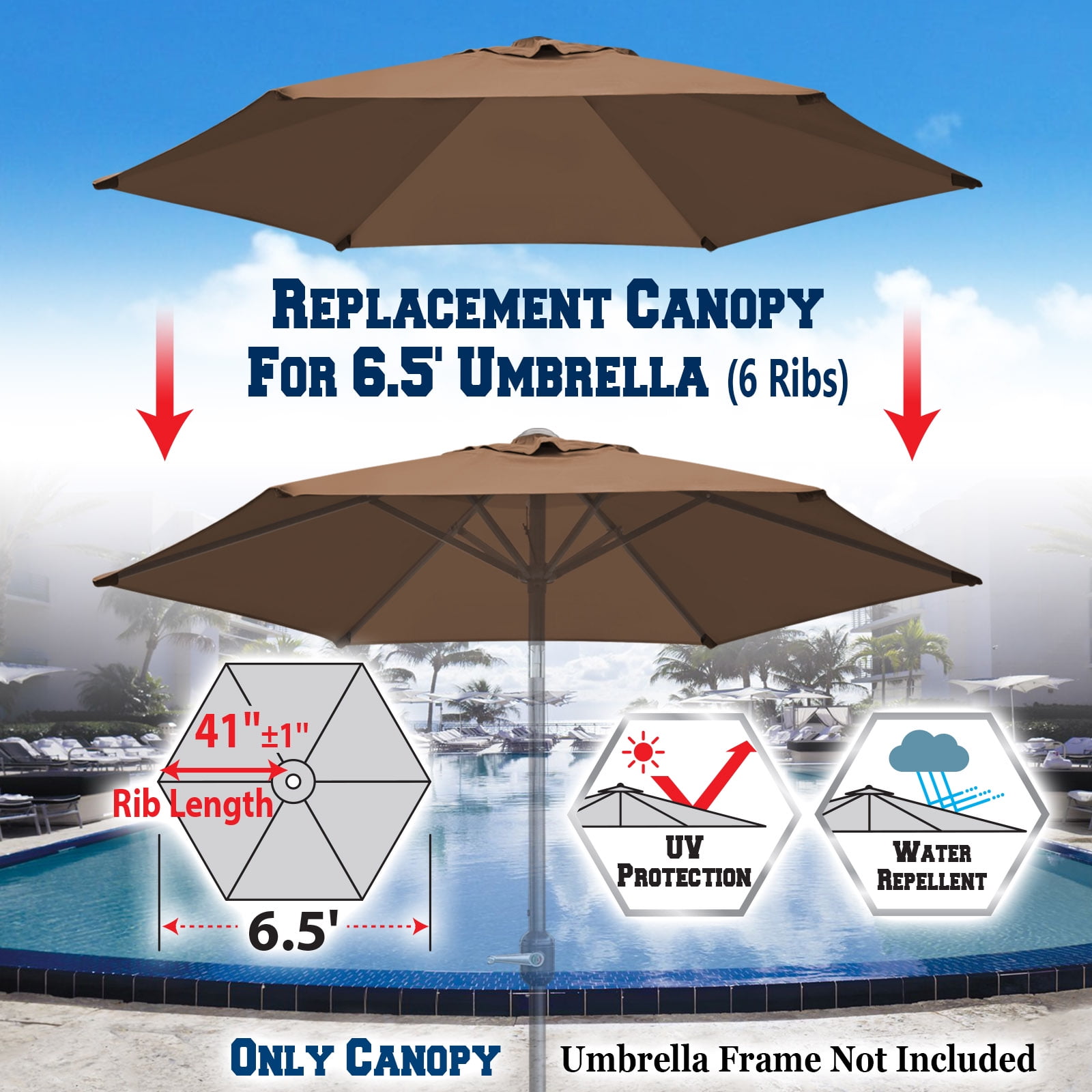 Sunrise Replacement Umbrella Canopy Cover for 6.5' 6 Ribs Outdoor Patio Market Umbrella, Canopy Only, (Brown)