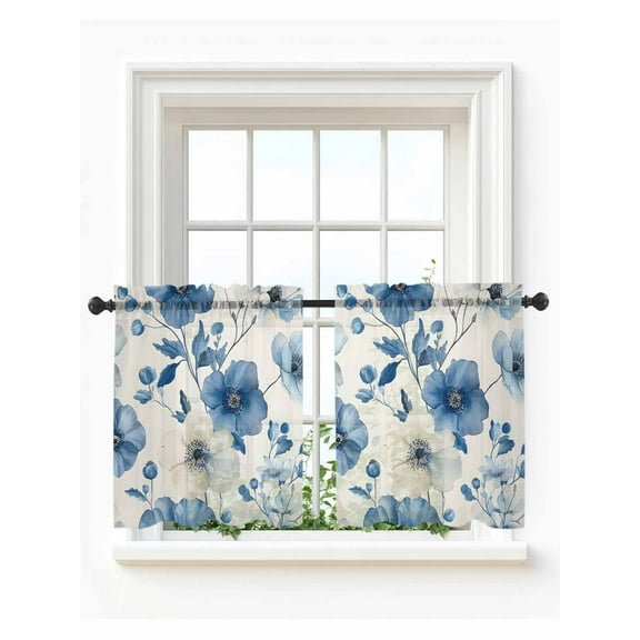 Blue Flower Tier Curtains 24 Inch Length,Sheer Curtains for Bedroom Living Room,Botanical Country Nature Aesthetics Floral Rod Pocket Voile Drapes Kitchen Curtains for Small Window 27.5"x24" 2 Panels