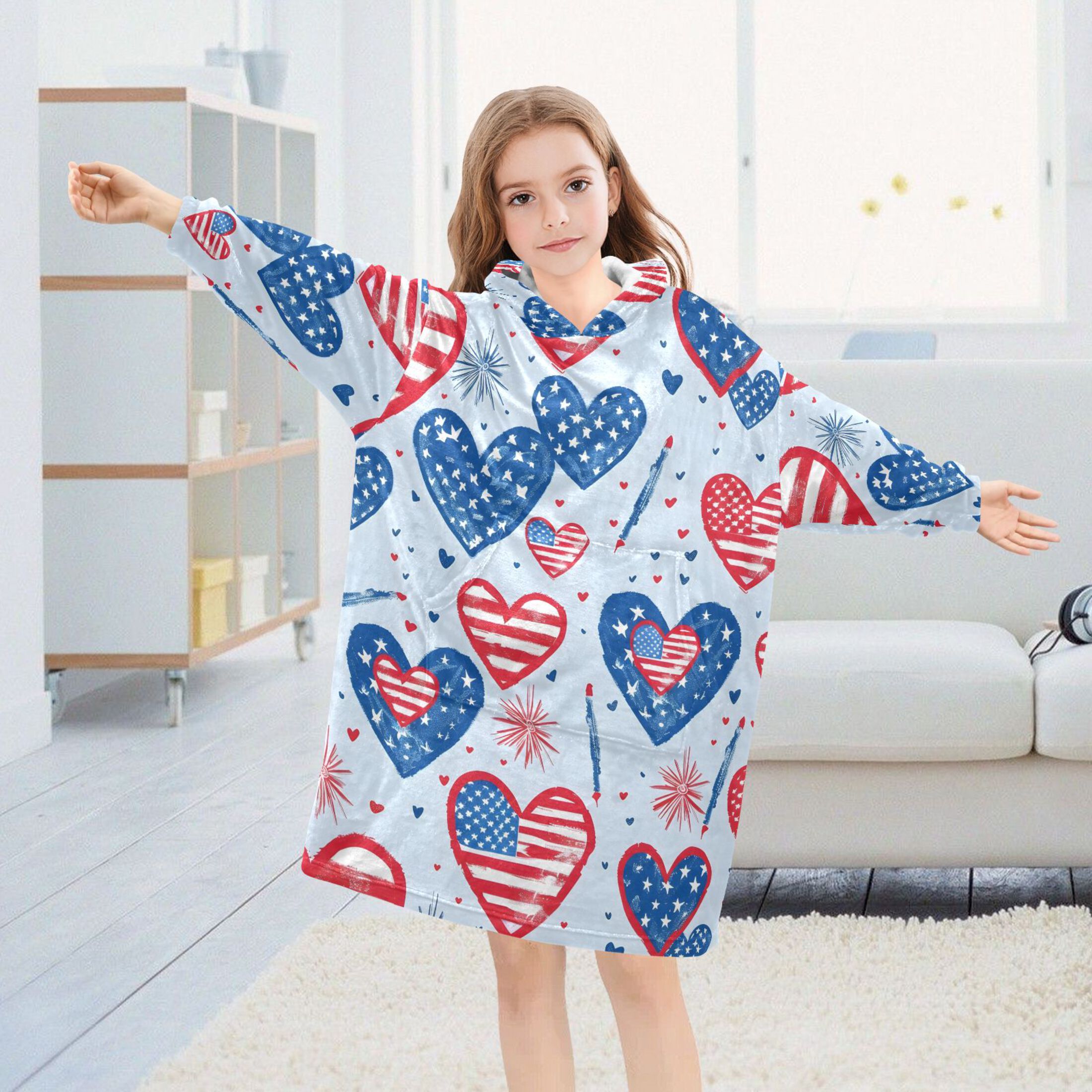 Dailycode Wearable Blanket Hoodie Oversized Sherpa Flannel Blankets with Pocket for 3-14 Year Old American Flag Heart