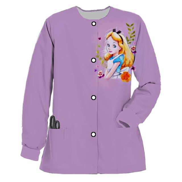 Chaqueta de uniforme de enfermera para mujer, estampado de Disney, Alicia en el país de las Maravillas, manga larga, cuello redondo, Top exfoliante, abrigo Dental, primavera y otoño