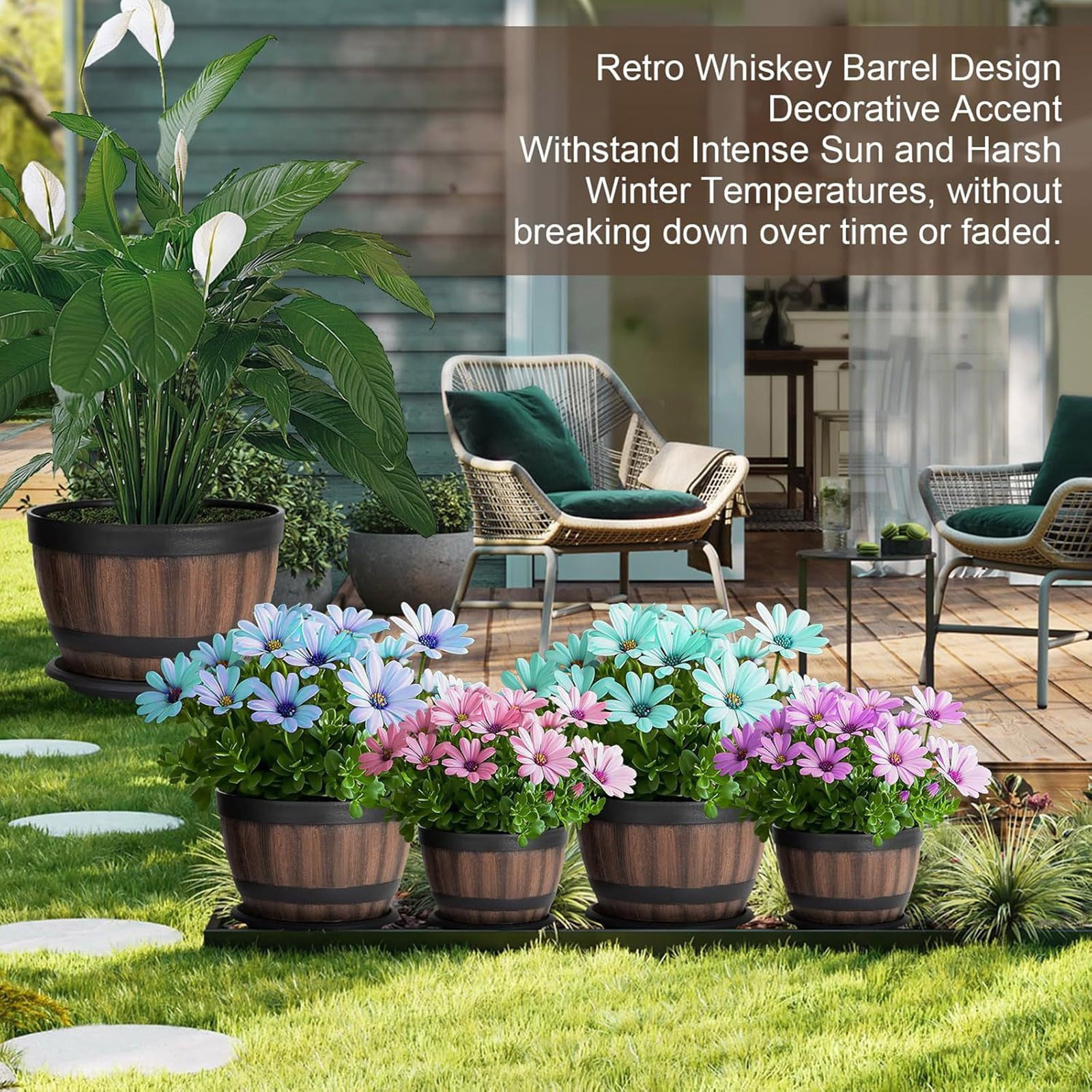 Outdoor Garden Flower Pots, Planters, Balcony Patio Yard, Wood Barrel Style, Lightweight Durable