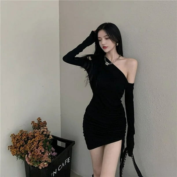 Vestido negro ajustado con hombros descubiertos para mujer, Vestido corto con cuello Diagonal de moda, con cordones, pliegues sólidos, Primavera, nuevo
