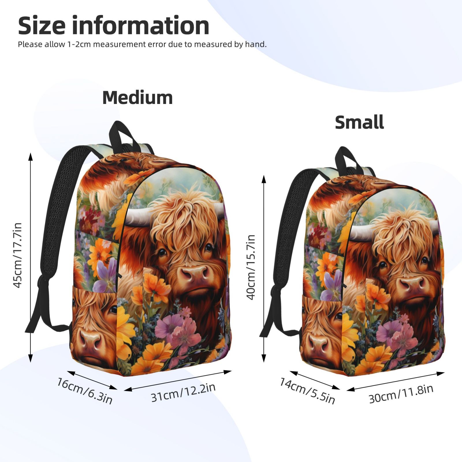 Vsdgher Countryside Colorful Floral Cow Print Canvas Backpack Travel Rucksack Unisex Knapsack 15.7/17.7Inch Laptop Backpack for Work,College -Medium