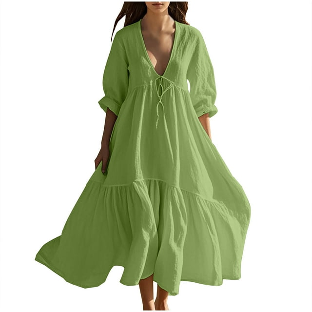 VEKDONE Robes d'Été pour Femmes à Imprimé Floral Sans Manches à Col Rond Robe d'Été Décontractée Longues Robes d'Été Vert G