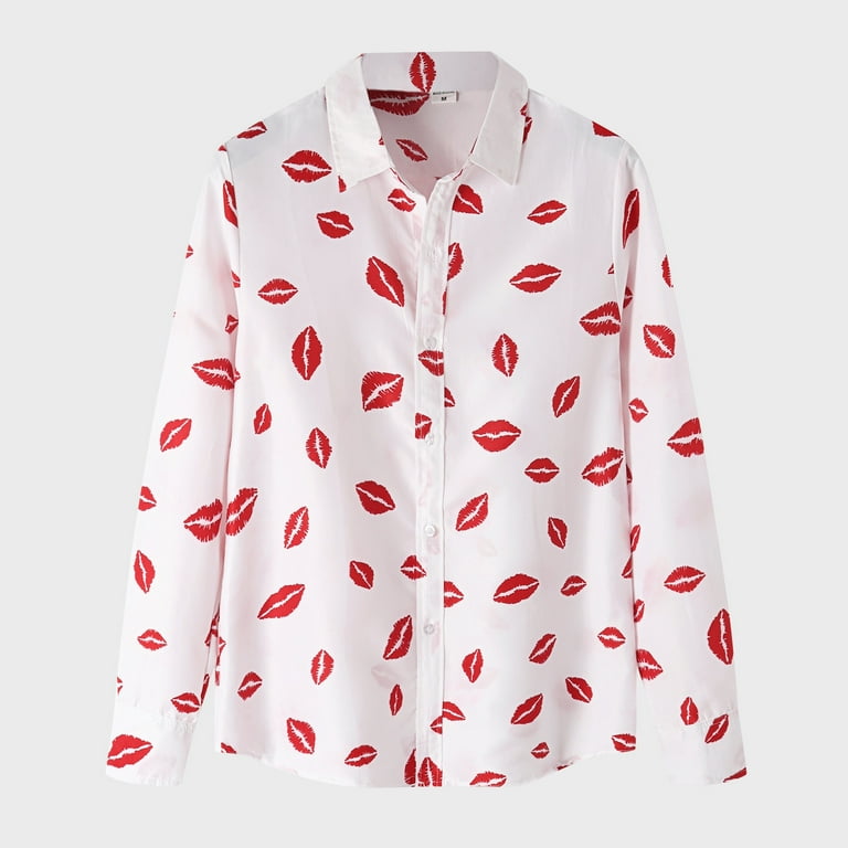 lipstick dress shirt Men's Collared in Kisses Button Up Shirt in White Size 2XL