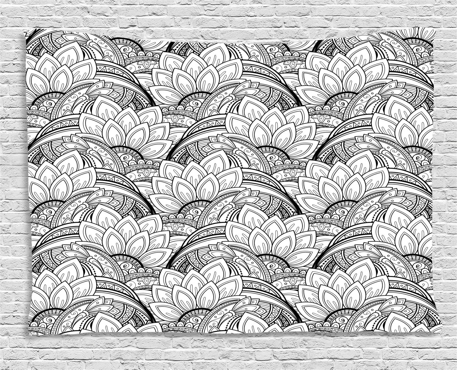 Floral Tapestry, Monochrome Flower Motif with Ethnic Arabesque Paisley Petals Large Leaves Plant