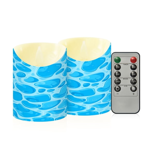 2 PCS Tilted Flameless Candles Flickering LED Lights Battery Operated Candles with Remote Timers for Holiday Decor Blue Water Texture Pattern
