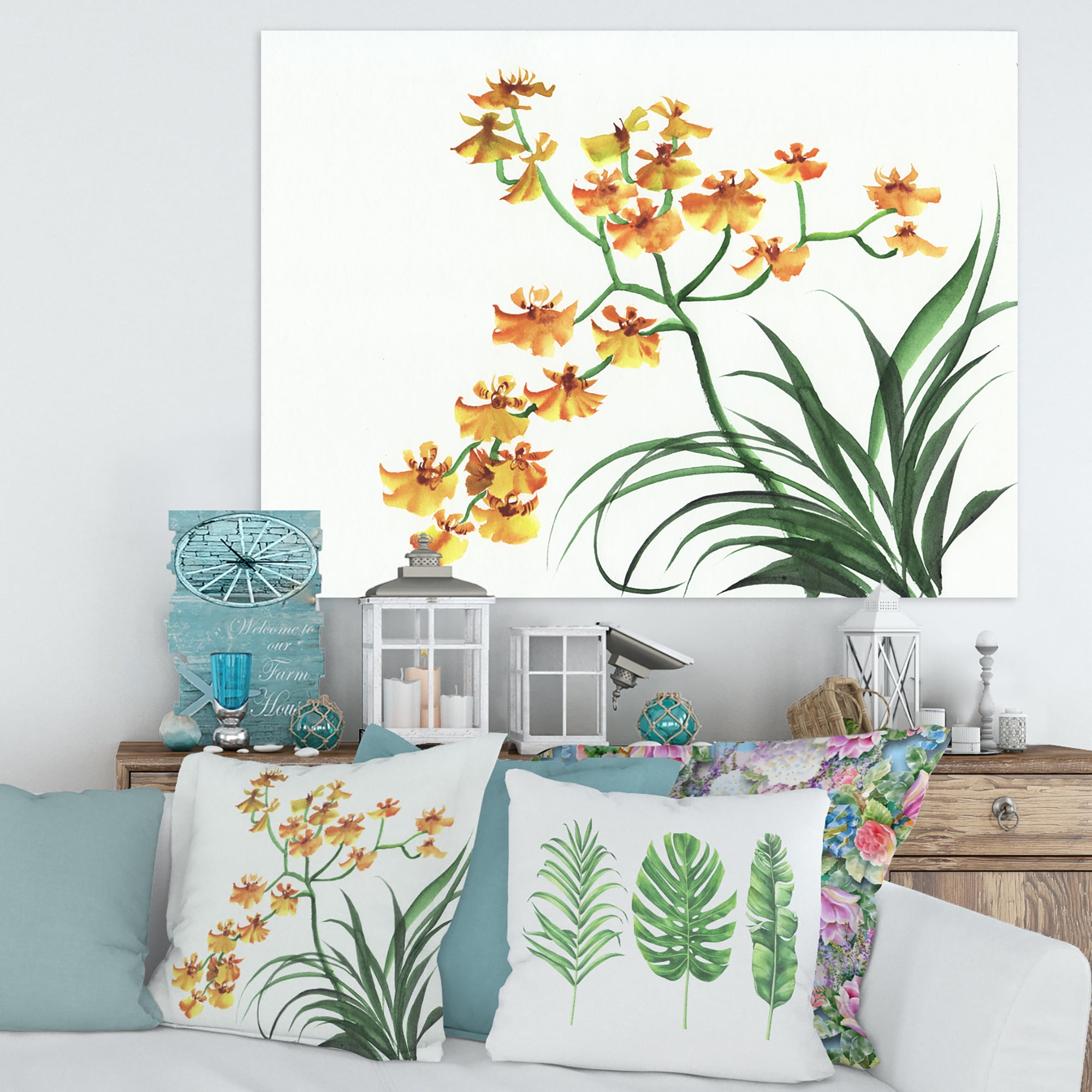 Designart ' Yellow Vintage Orchids On White ' Traditional Canvas Wall Art Print