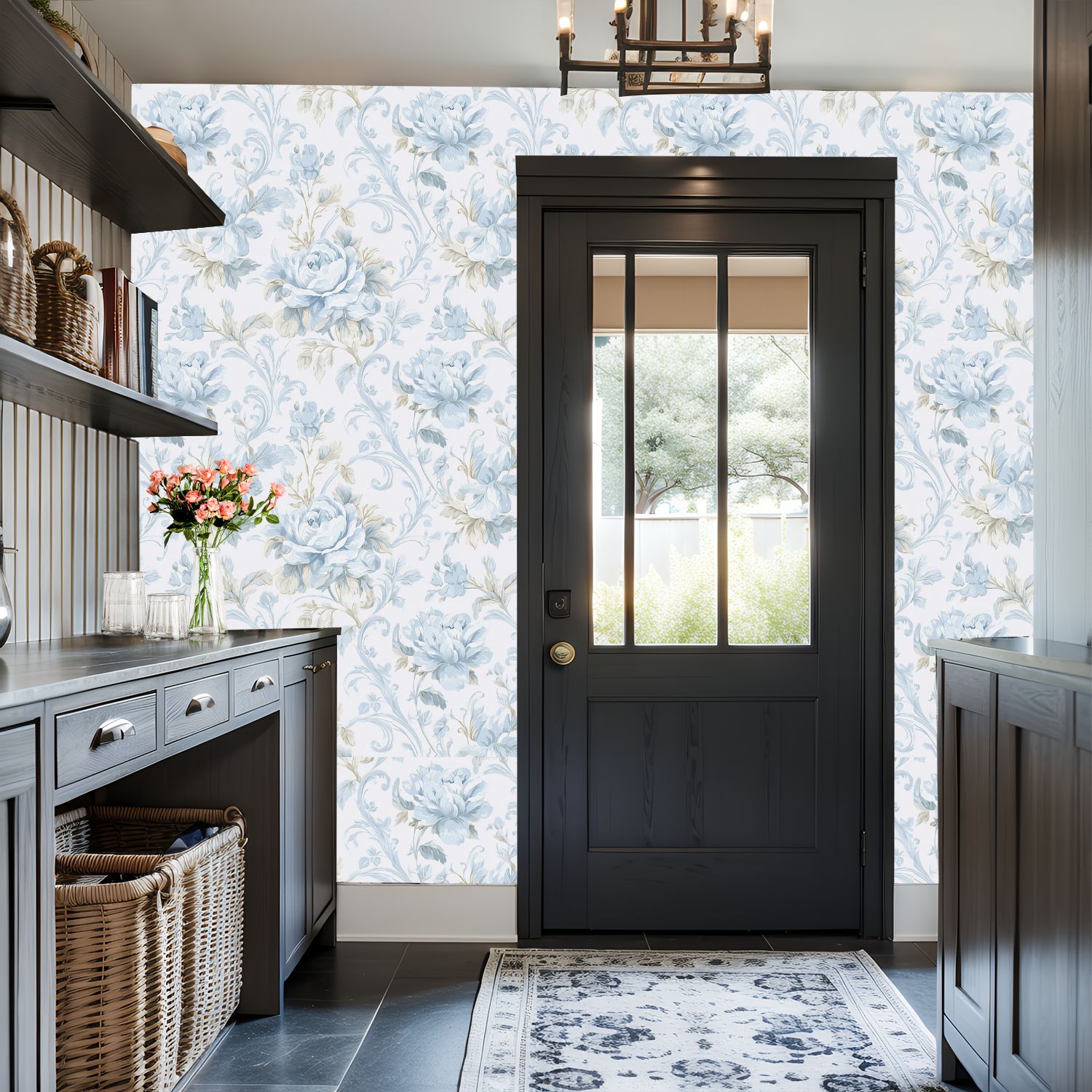 Vintage Peel and Stick Wallpaper Vintage Blue Floral Roses Leaves Light Wall Mural 17.7in x 9.8ft Self Adhesive Removable Wall Paper Renter Friendly Wallpaper for Nursery Bedroom Cabinets