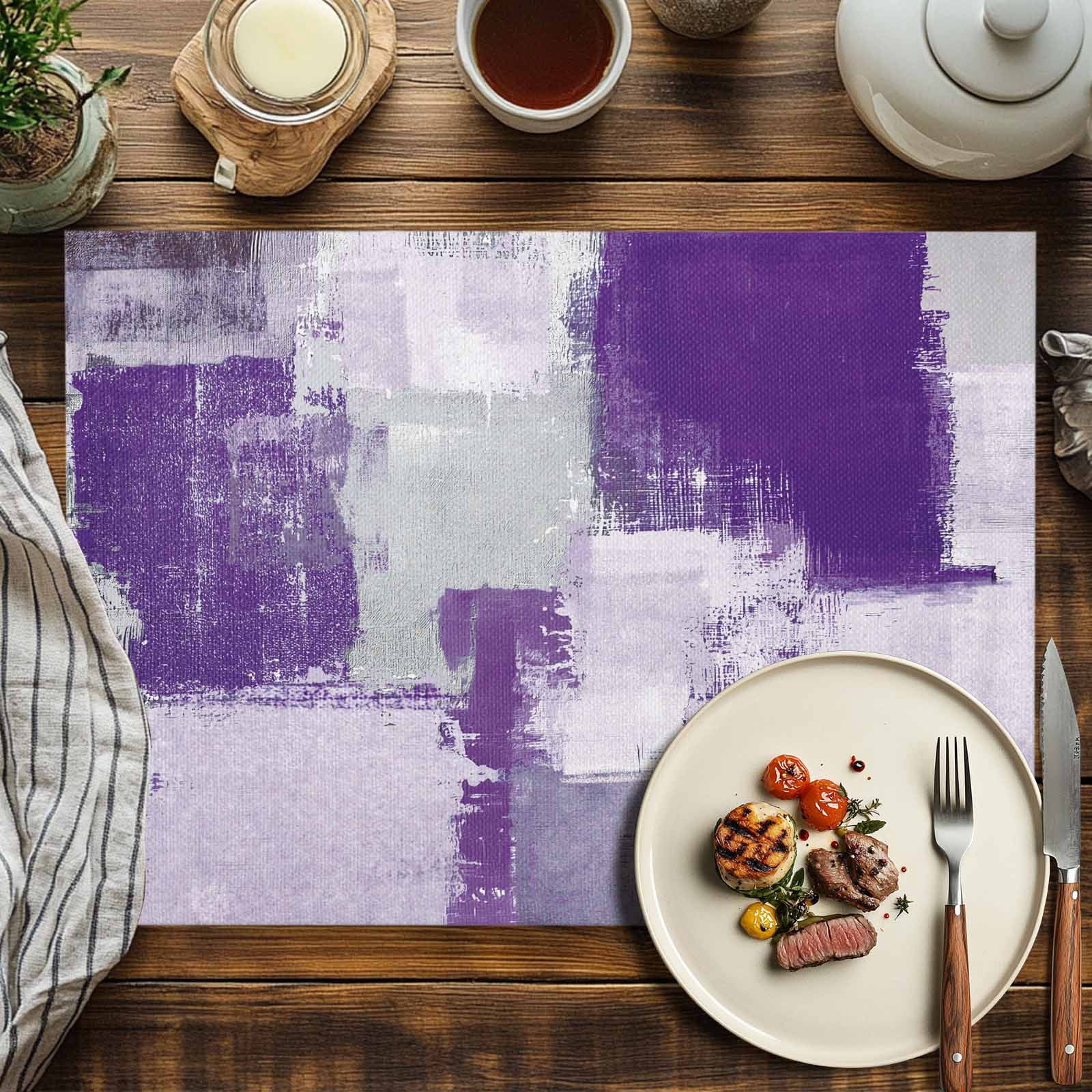 Placemats Set of 4, Purple Gray Block Placemats Set of 4, Abstract Art Tablemats Washable Placemat Table Decoration for Kitchen Table Dinner Party Home Decor Indoor Outdoor 13x19 Inch