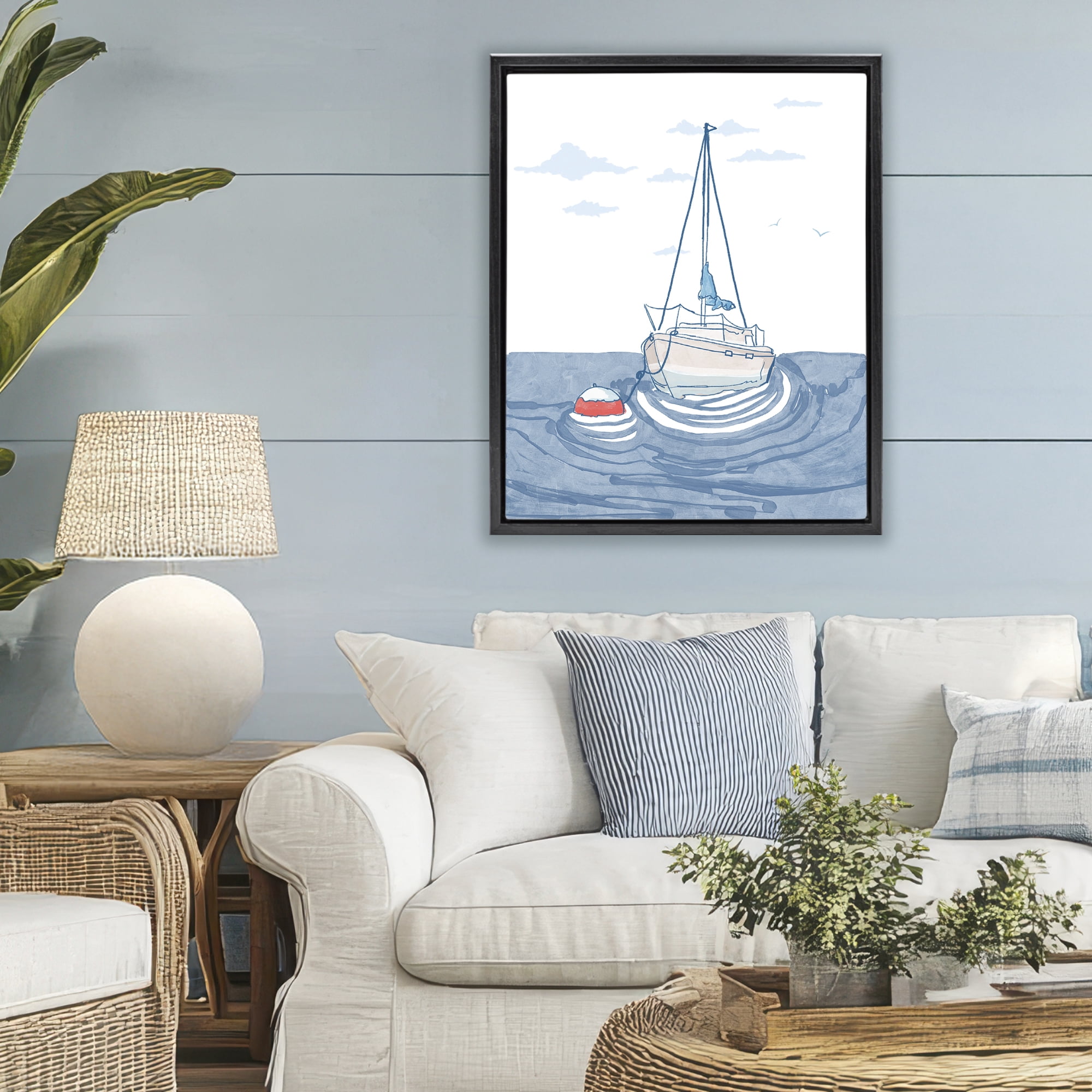 Stupell Industries Cool Tone Sailboat Floating Black Framed Floater Canvas Wall Art, design by Melissa Tilley