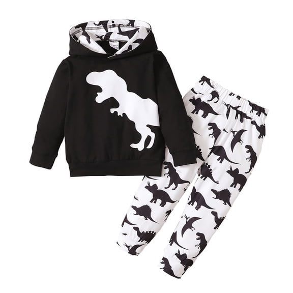 KIMI BEAR Toddler Boys Outfits 4T Toddler Boy Autumn Winter Outfits 5T Toddler Boy Black And White Dinosaur Print Hooded Long Sleeve Top Pants 2PCs Set