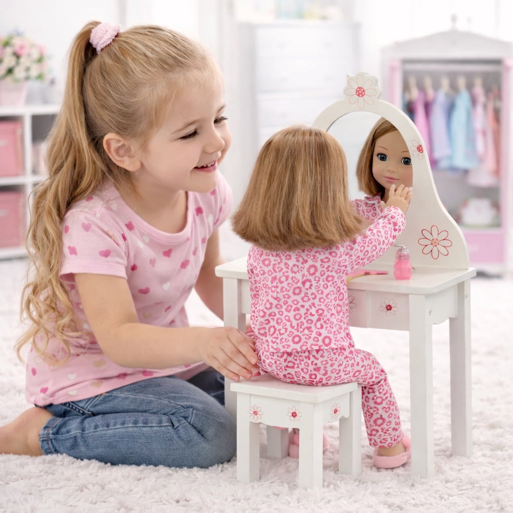 Emily Rose 18-inch Doll Bedroom Vanity with Chair - Floral Collection Compatible with American Girl Dolls