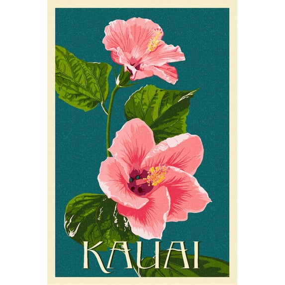 Kauai, Pink Hibiscus, Letterpress (16x24 Giclee Gallery Art Print, Vivid Textured Wall Decor)