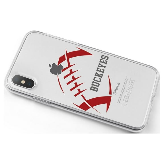 DistinctInk Clear Shockproof Hybrid Case for iPhone X / XS (5.8" Screen) - TPU Bumper, Acrylic Back, Tempered Glass Screen Protector - Buckeyes Football - Scarlet, Gray