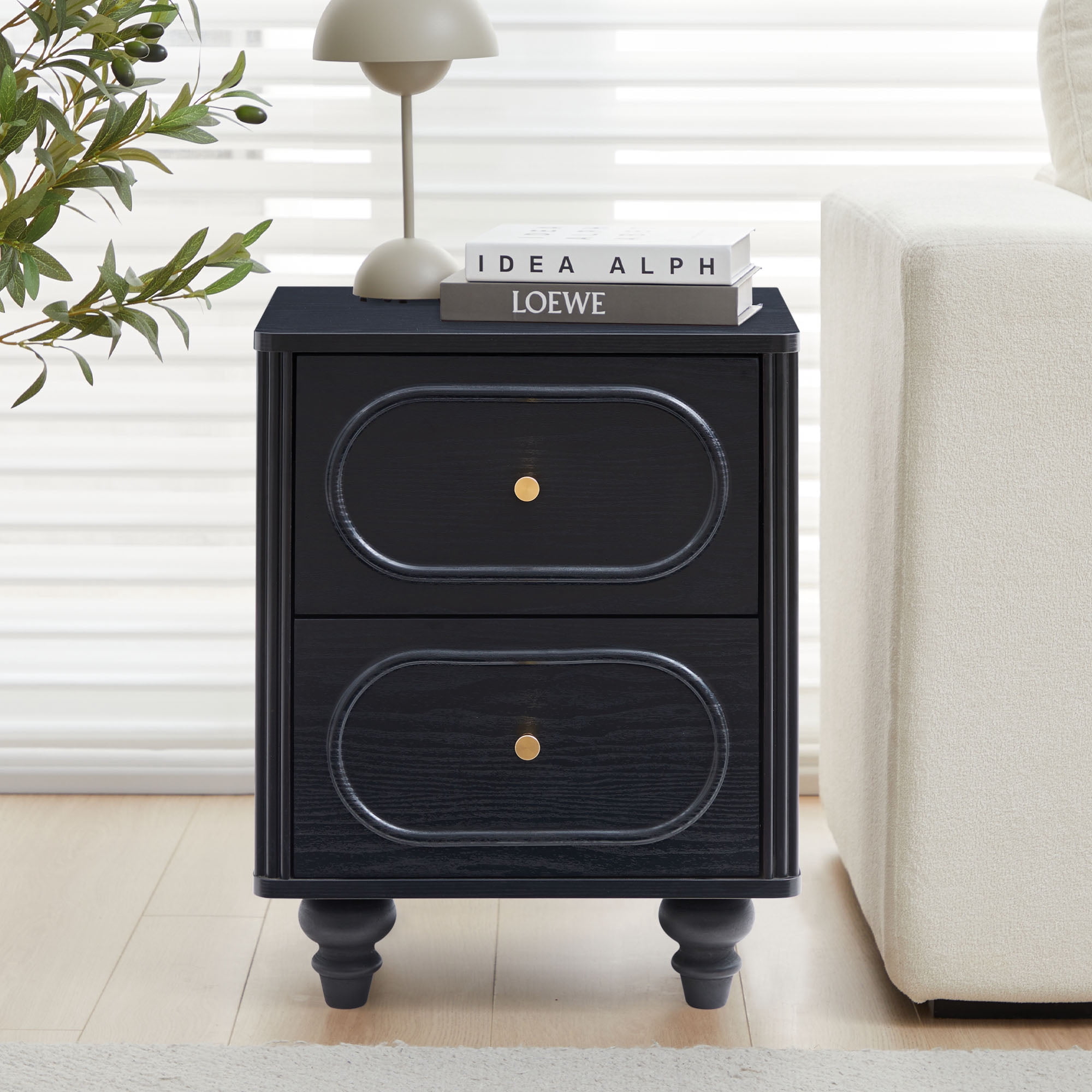 Wirrytor 2 Drawer Nightstand Set of Two, Mid Century Modern Bedside Table with Fluted Sides, Small End Table for Bedroom, Space Saving Storage Cabinet for Small Spaces, Black