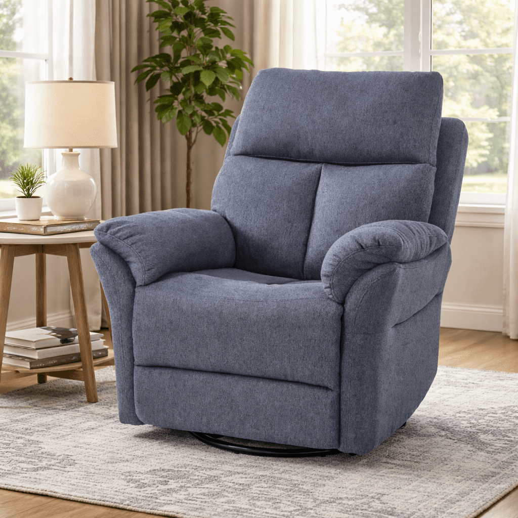 Gewnee 360° Swivel Glider Rocking Recliner Chair, Manual Adjustable Upholstered Fabric Recliner for Living Room and Home Theater, Blue Gray