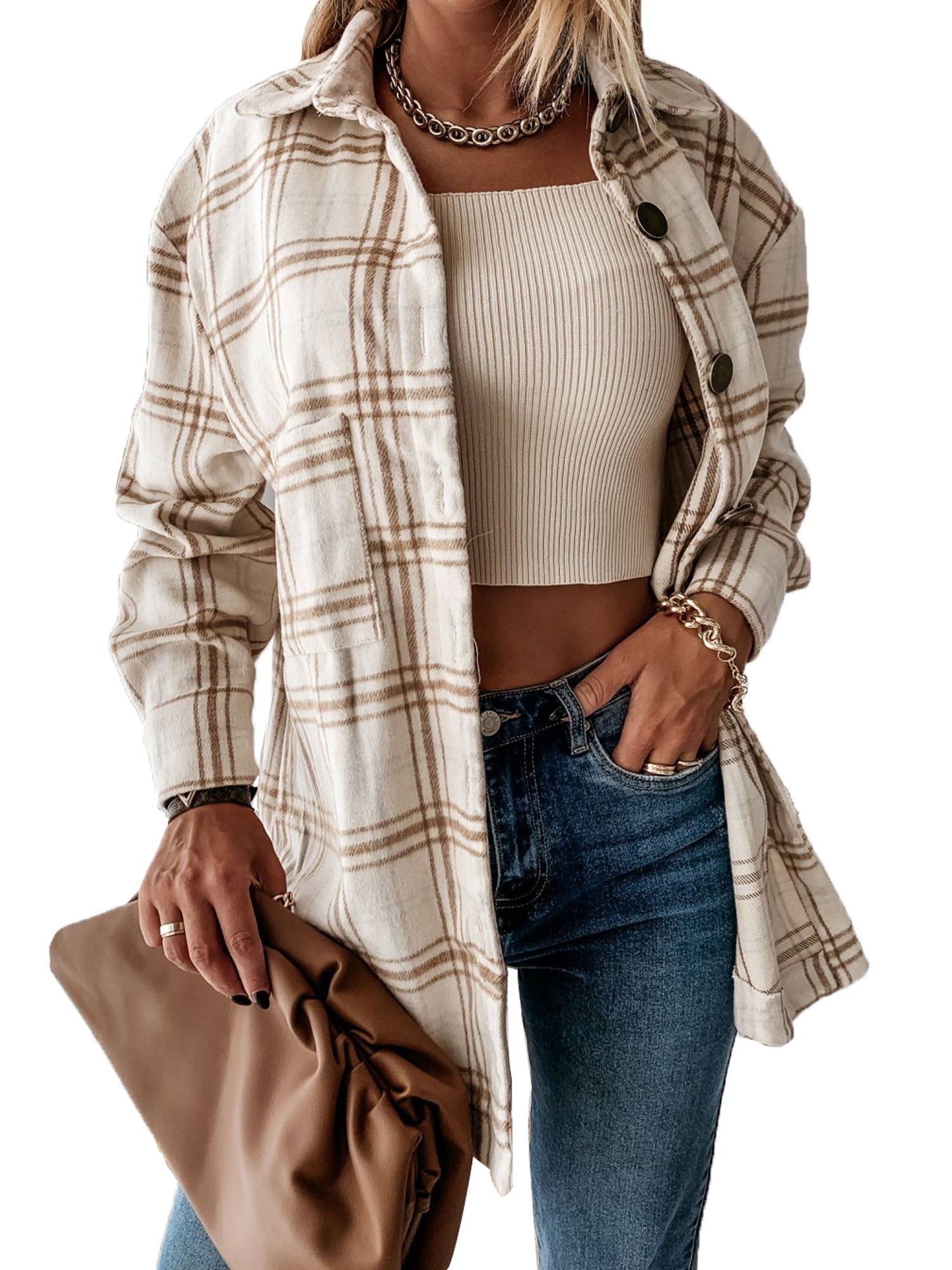 Plaid Shirt Long Sleeve Blouses Coat 