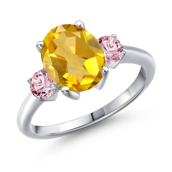 Gem Stone King 2.90 Ct Oval Yellow Citrine Pink Lab Grown Diamond 925 Sterling Silver Ring