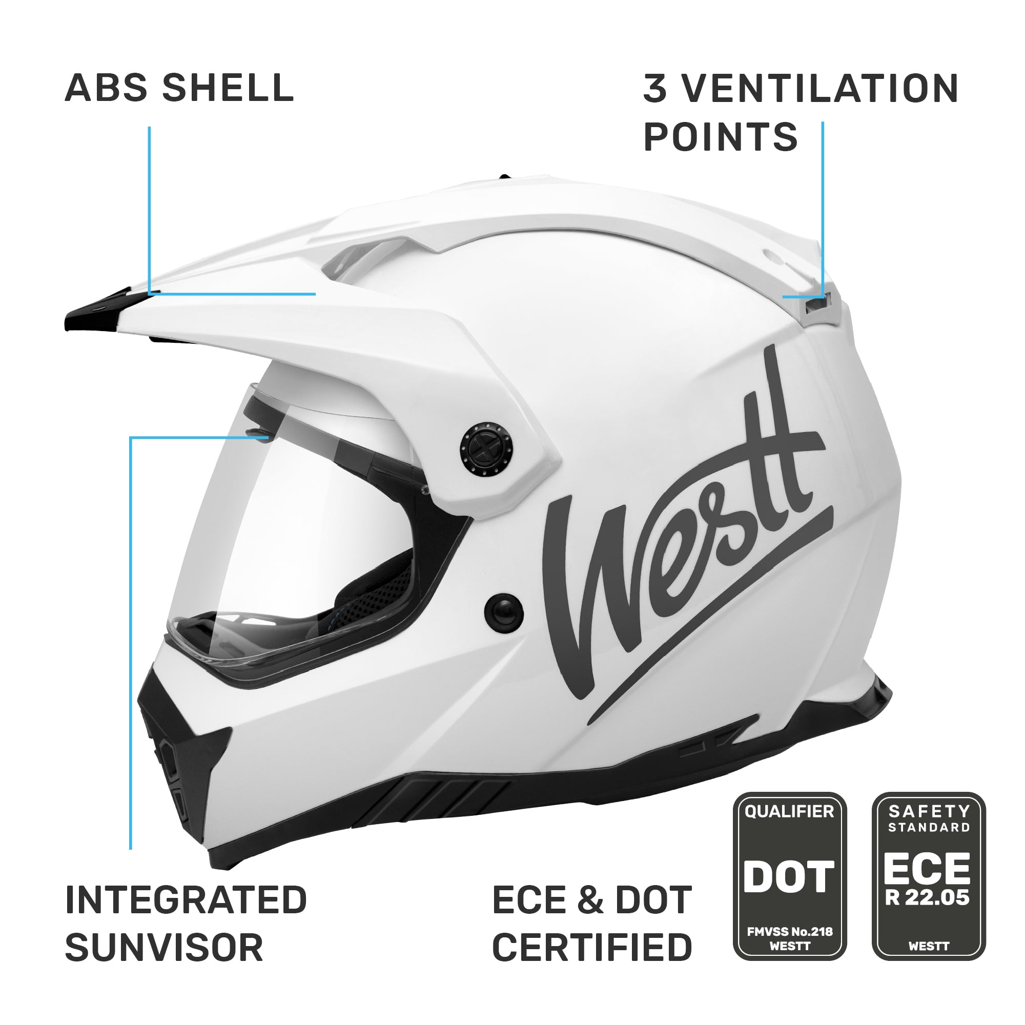 Westt M White ABS Full Face Helmets, DOT Approved Helmet