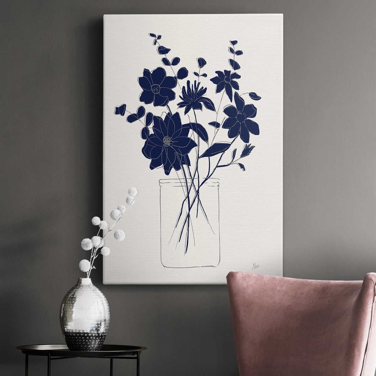 Indigo Sketch Bouquet II Premium Gallery Wrapped Canvas - Ready to Hang