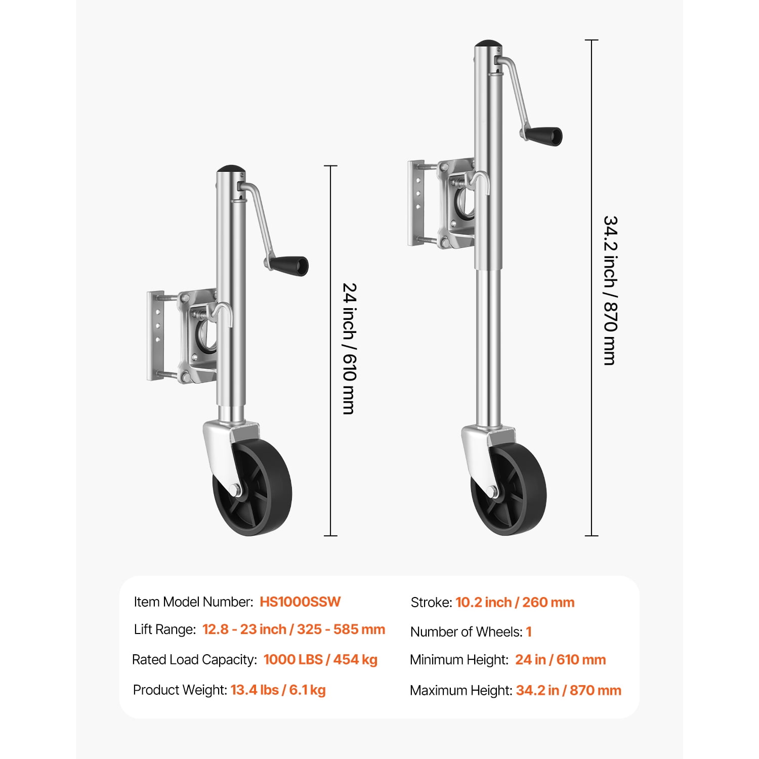 KFFKFF Trailer Jack with Wheel, 1000 lbs Capacity, Durable Swivel Design with PP Wheel & Comfortable Handle, 10-inch Lift, Suitable for RVs, Boats, Horse Trailers, and Utility Trailers