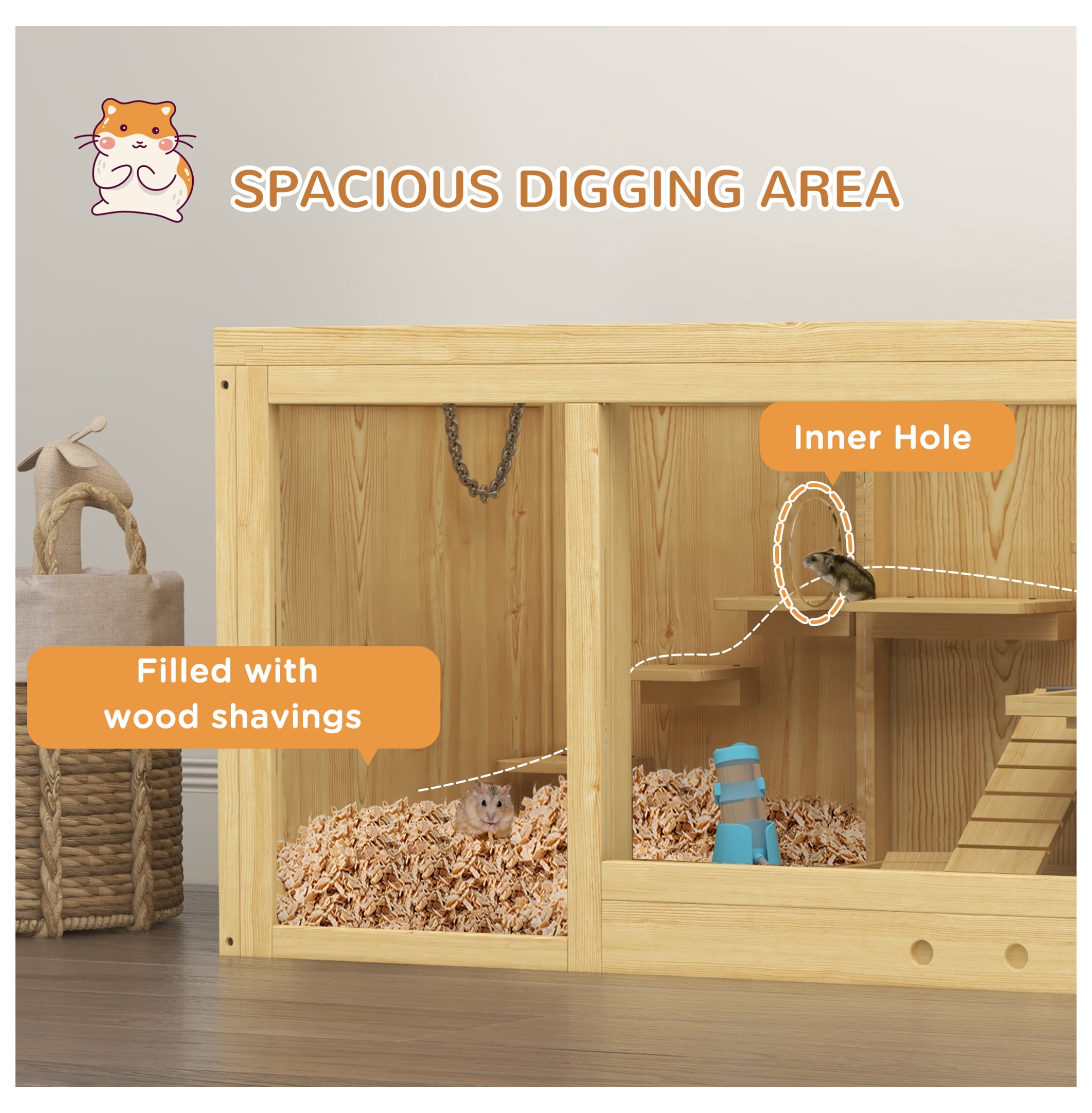 Wooden Hamster Cage, Large Gerbil Habitat, Multi-Level Small Animal Cage w/Tray