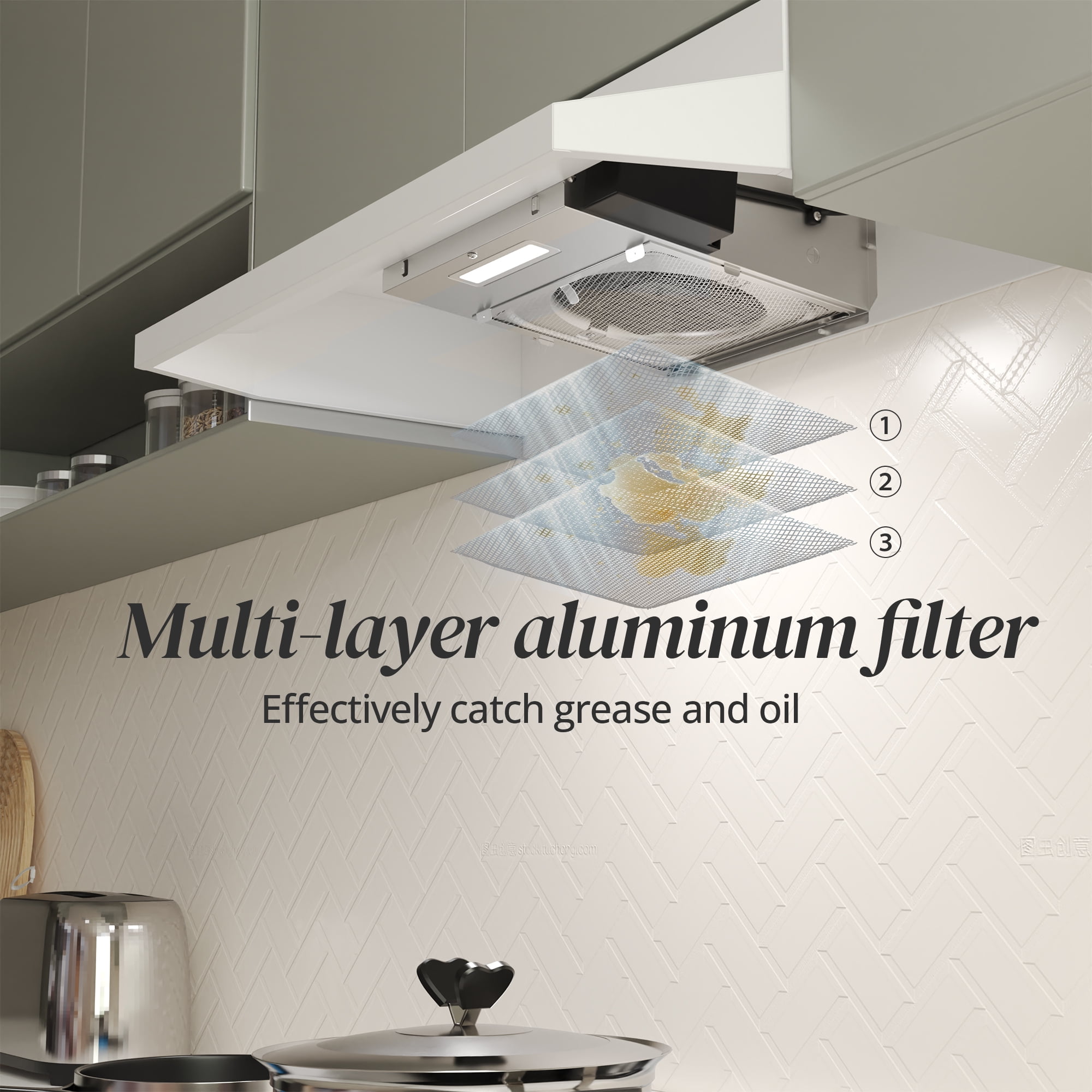 FIREGAS Range Hood 30 inch Under Cabinet Range Hood with 2 Speed Exhaust Fan, 290 CFM,Multi-Layers Aluminum Filter Included,White