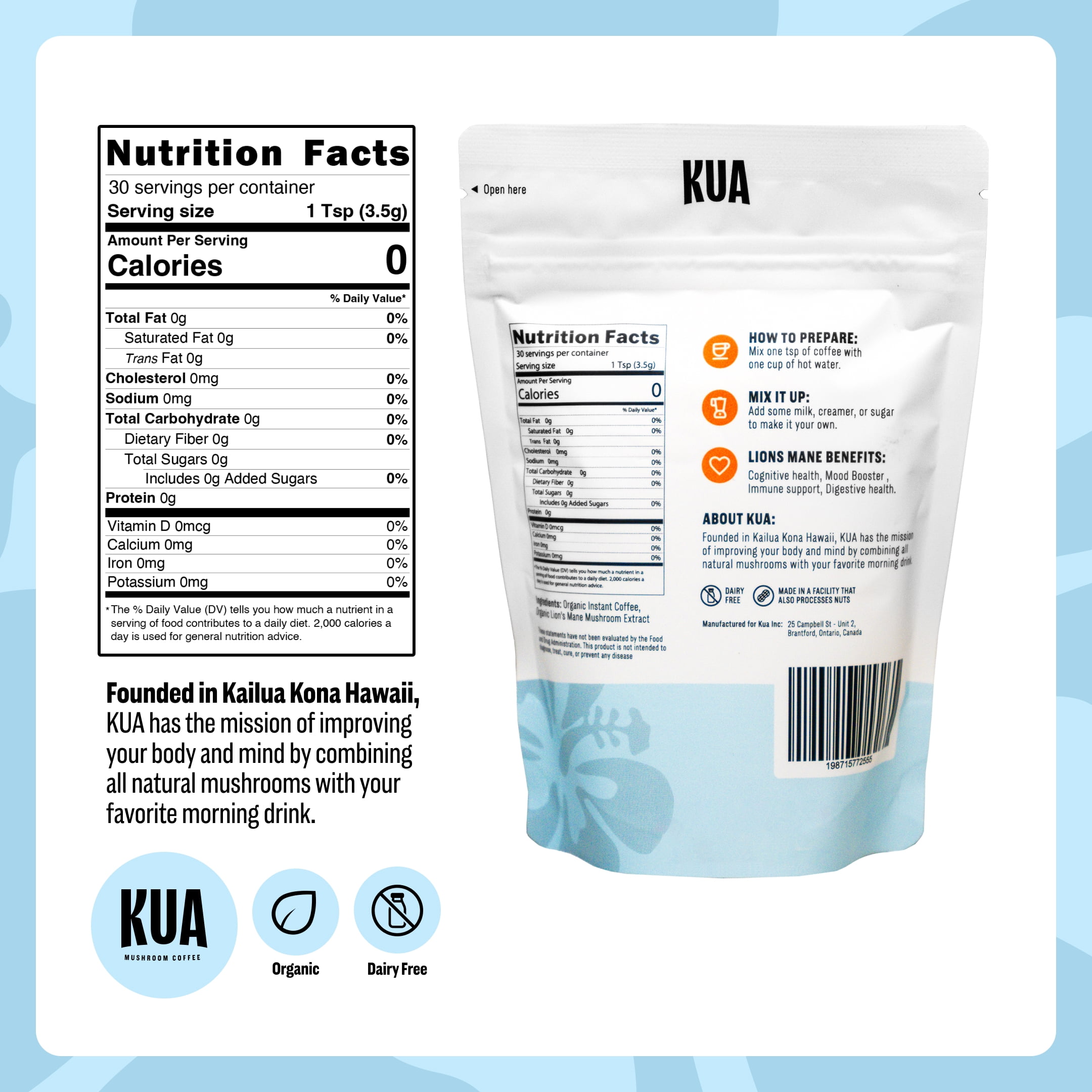 Organic Mushroom Coffee by KUA with Lionsmane Mushroom Extract for Better Focus, Better Mood, Better Energy - Sugar Free, 0 Calorie, Organic 30 Servings of Instant Mushroom Coffee