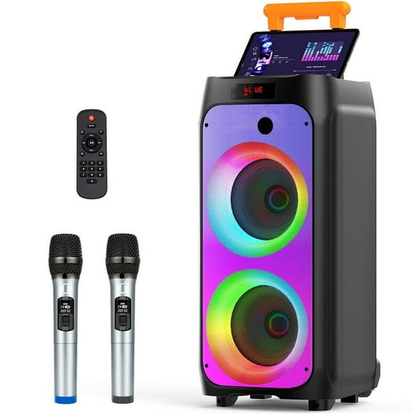 FanFun Grande Machine de Karaoké, Machine de Chant Puissante 500W avec 2 Microphones, Système de Haut-Parleurs Bluetooth avec Roues et Poignée pour Fête Extérieure, T8