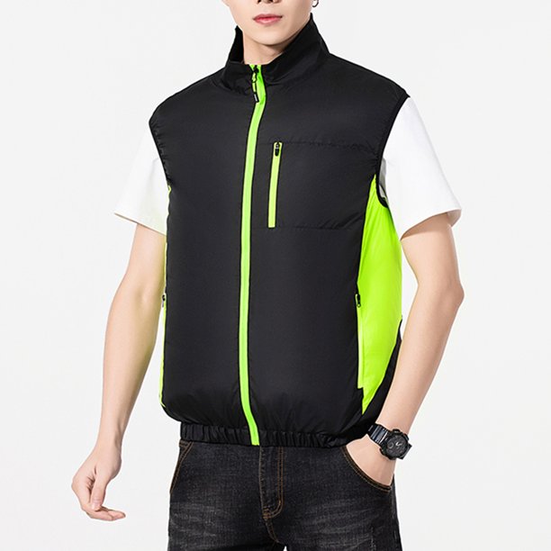 Camiseta sin mangas con cuello alto para hombre, color liso, a la moda, con parches, bolsillos y cremallera, blusa de poliéster con cuello alto para hombre.