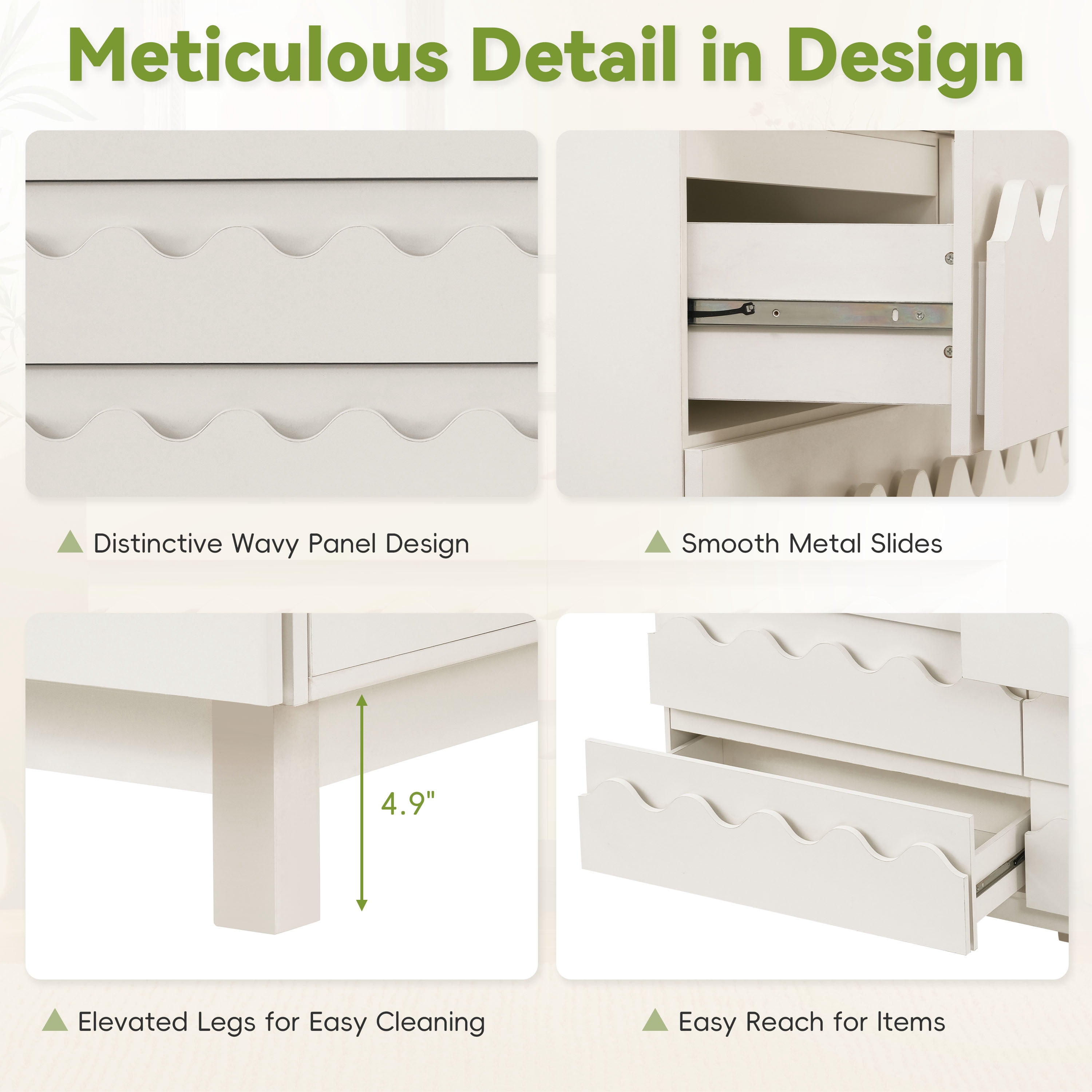 Alvantor 6 Drawer Dresser, 60" Wide Wooden Chest of Drawers, Fluted Dresser for Bedroom Ivory