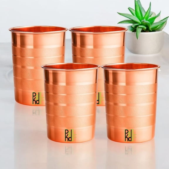 Peekdee Pure Copper Drinking Silver Touch Glass Set of 4 Handcrafted Yoga Benefits 300 ml Water Tumbler For Gifting