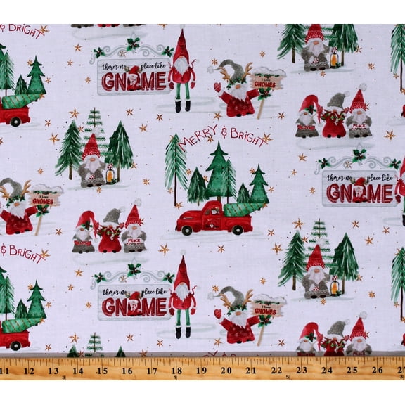 Cotton Christmas Trees Holidays Winter Gnomes Home Tree White Cotton Fabric Print by the Yard (GHTF-04706-MU)