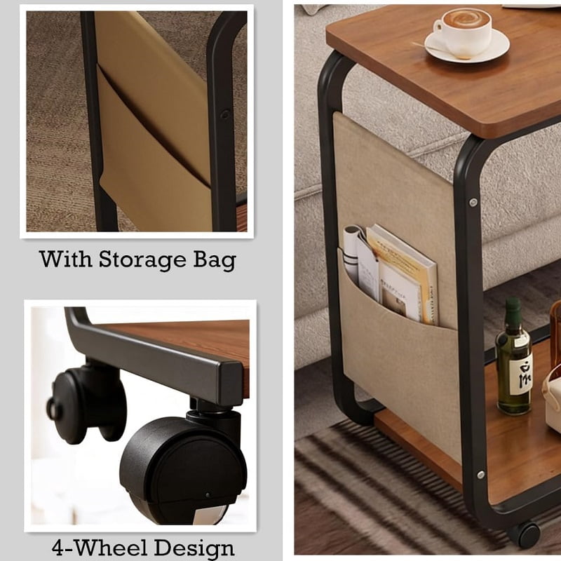 C-Shaped End Table with Wheels and Double-Layer Storage, Rolling Sofa Side Table for Couch, Bed, Bathroom, Study, Sturdy Metal Frame, 360 Rotatable Wheels, Space-Saving Snack Table