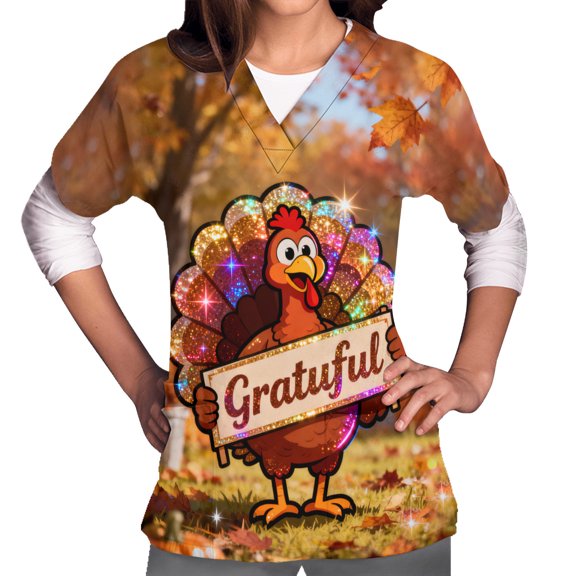 WMTBSRSW V Neck Print Scrub Tops for Women Thankgiving Short Sleeve Scrub Shirts Stretchy Funny Turkey Graphic Holiday Nurse Uniform with 2 Pockets