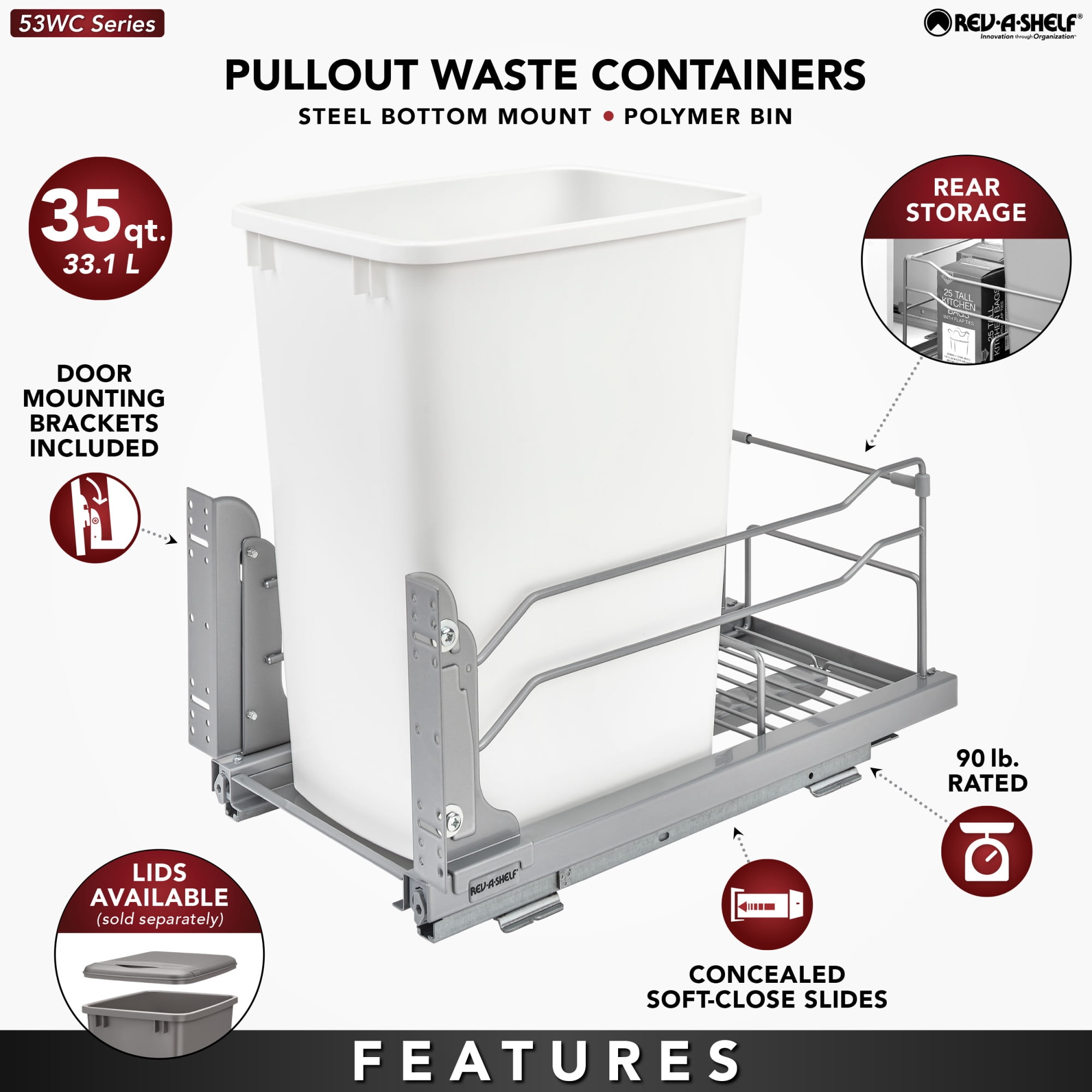 Rev-A-Shelf 35 Quart Pullout Waste Container Trash Can w/ Soft-Close Slides