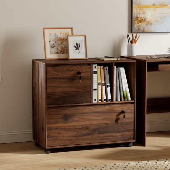 Joyyskill 2 Drawer Mobile File Cabinet with 2 Open Shelves, Wood Lateral Filing Cabinet, Fits for A4/Letter-Sized Files,Brown
