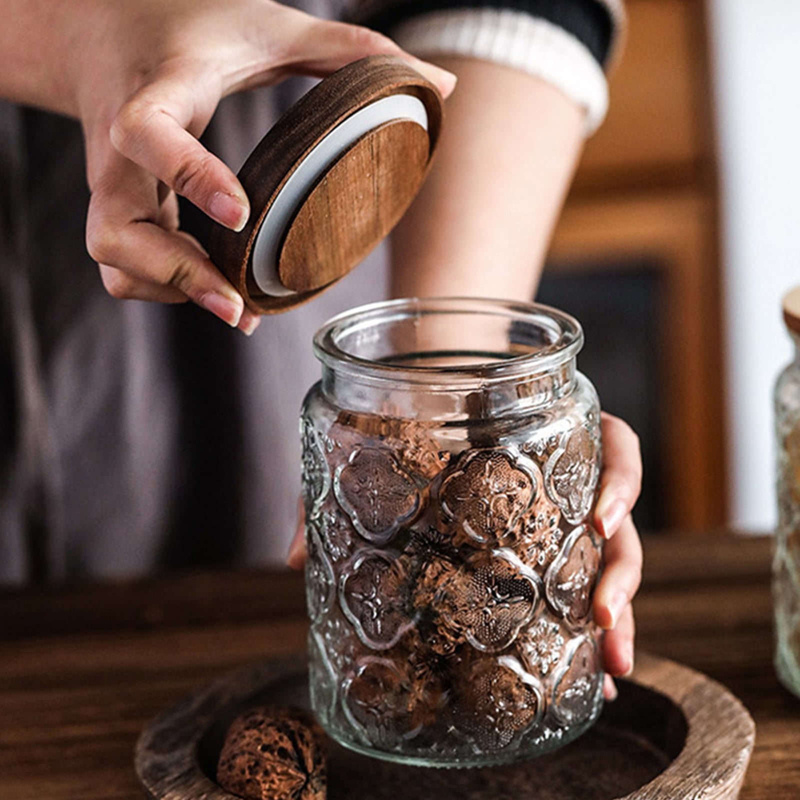 FORHVIPS 24 OZ/2 PCS Glass Food Storage Containers with Airtight Bamboo Wooden Lids,Canning Jars Wide Mouth Mason Jars Canisters Sets for Kitchen Counter,Sugar,Flour,Candy,Tea,Coffee,Oats