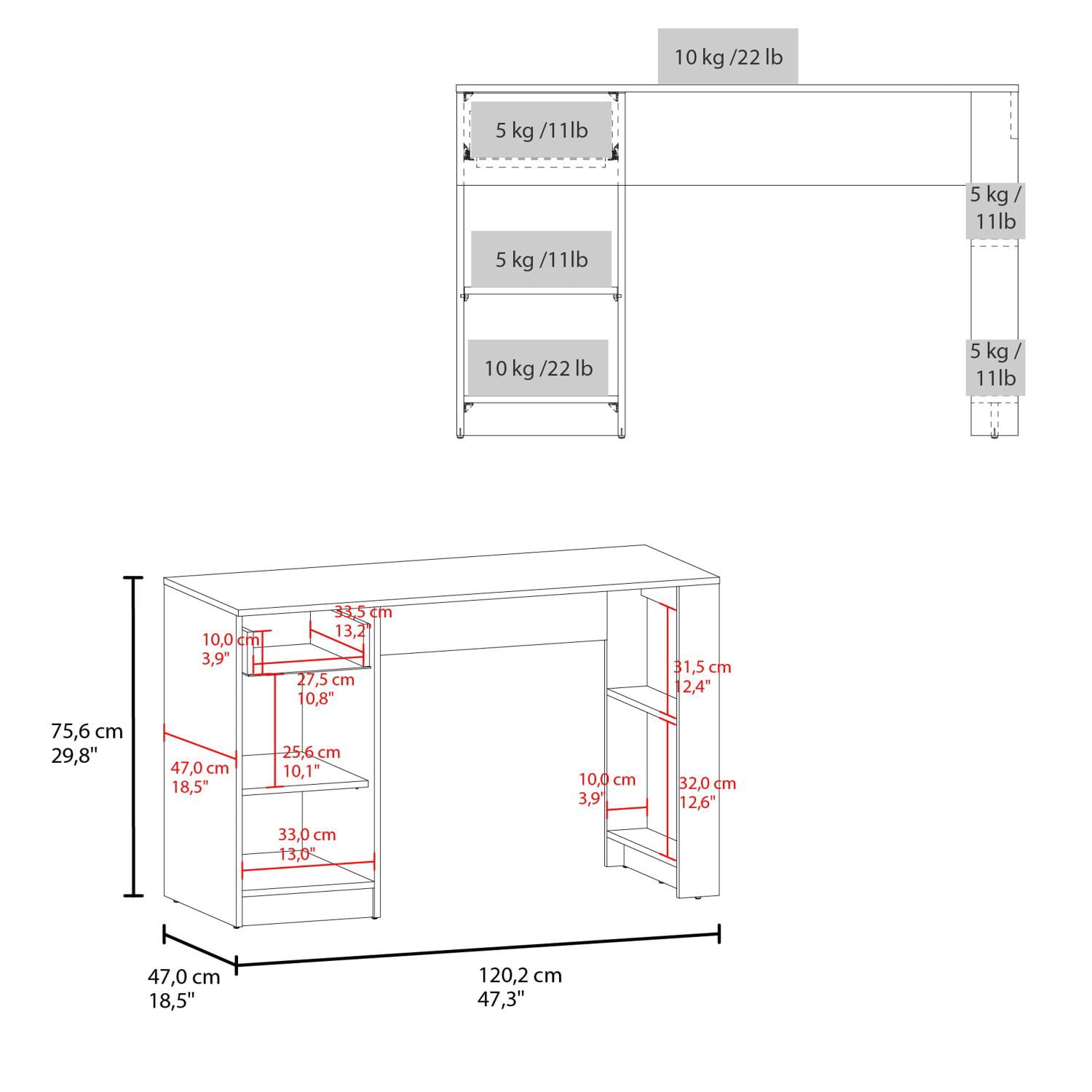 Computer Desk with Drawer and Two Open Shelves, 47.3 in Wide Rectangular Workstation for Home Office and Study, Assembly Required