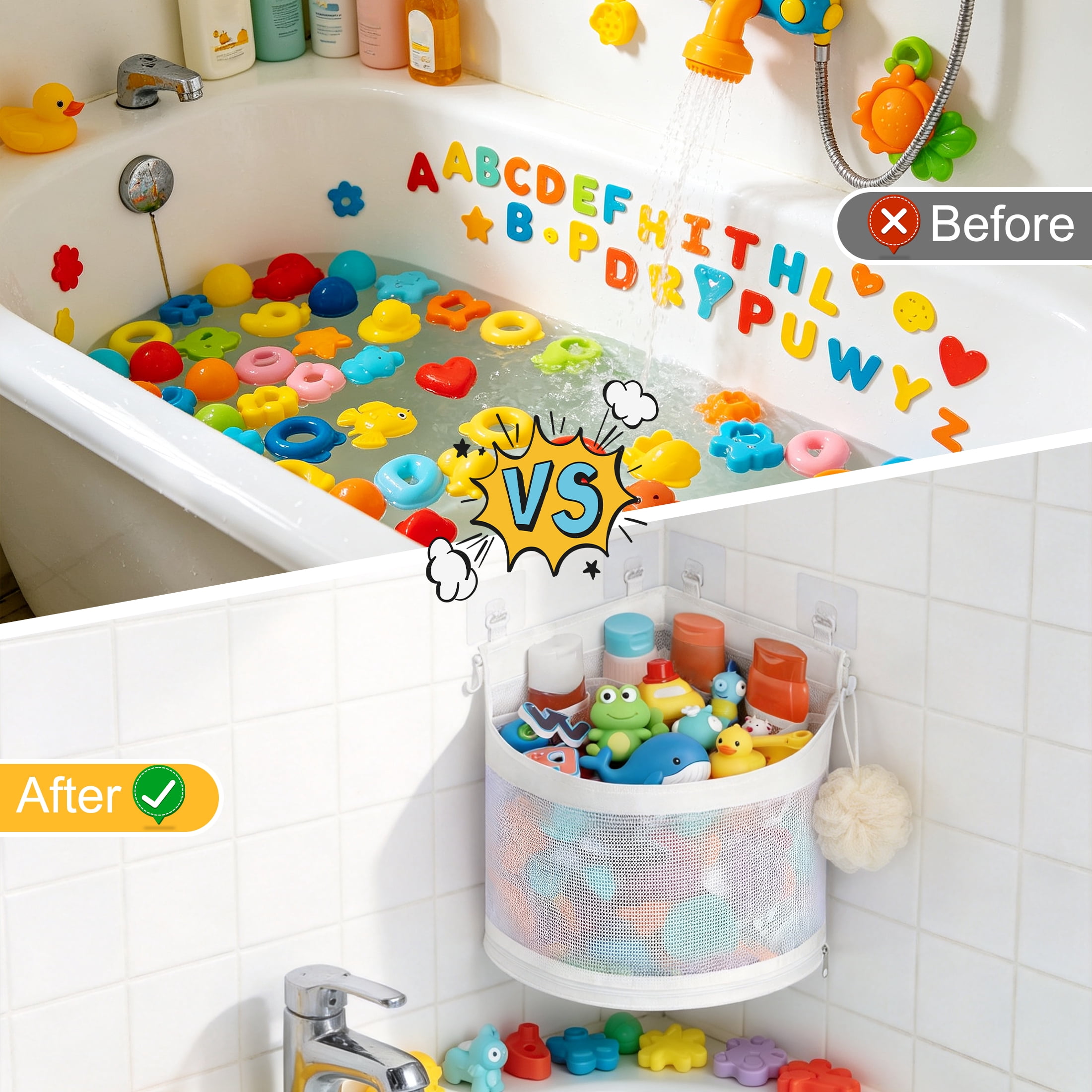Corner Mesh Bath Toy Storage Caddy with Adhesive Hooks, Quick Dry Hanging Bathtub Toy Organizer Basket, Space Saving Triangle Shower Toy Holder for Kids